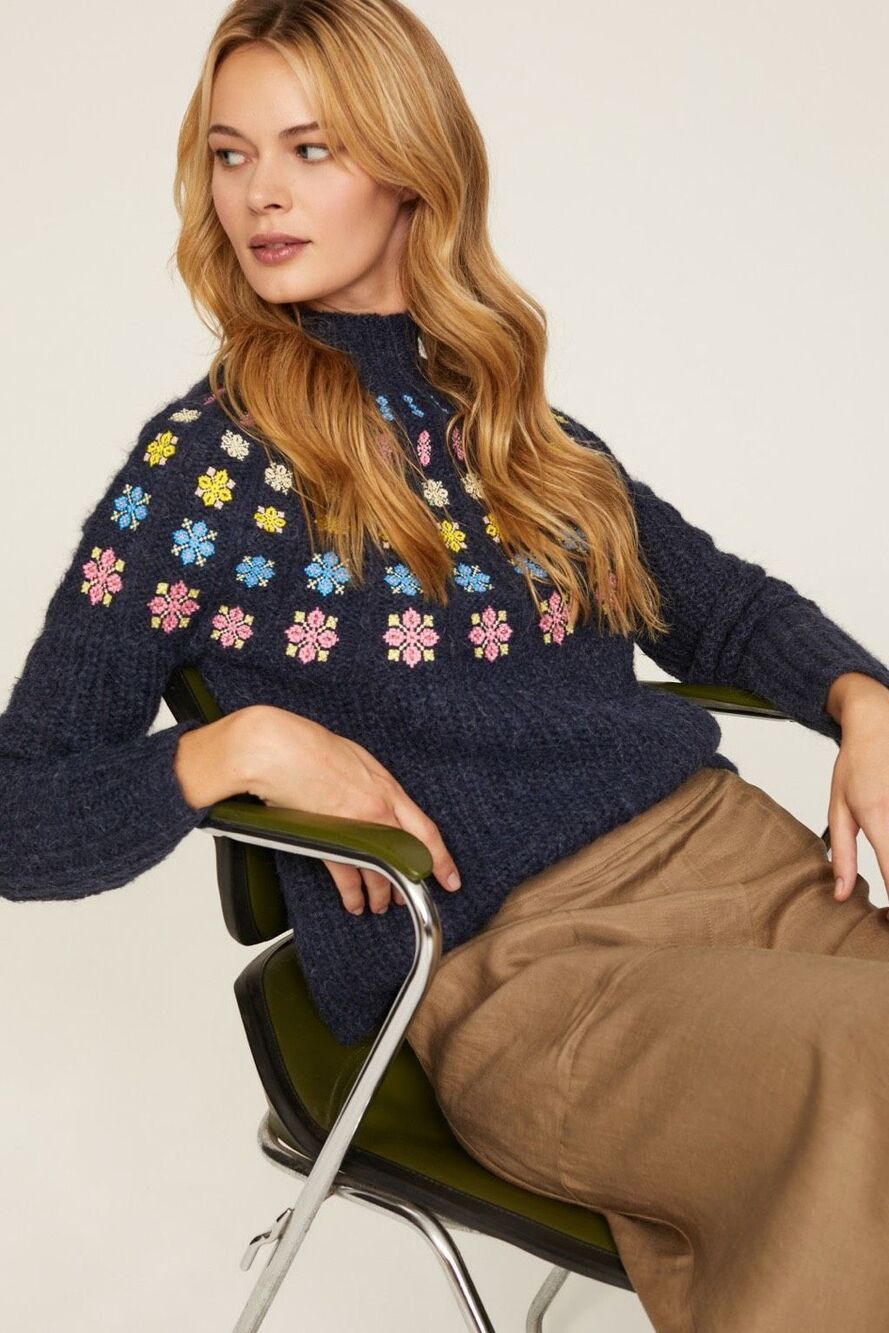 Boden Fluffy Floral Embroidered Sweater in Navy Blue Size 14
